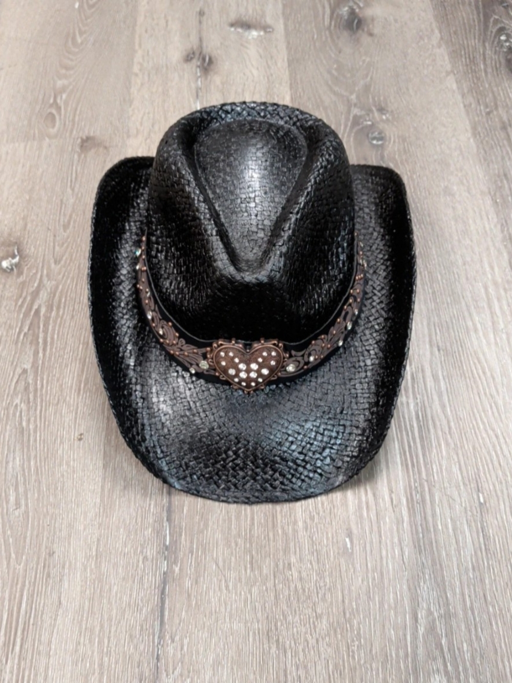 Black Western Straw Cowboy Hat with Decorative Heart Band
